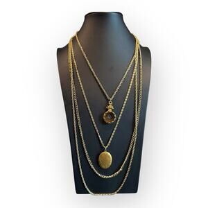 Goldette Vintage Intaglio Cameo Locket Triple Layer Necklace